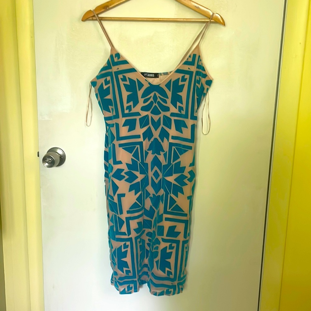Nude and teal mesh bodycon dress